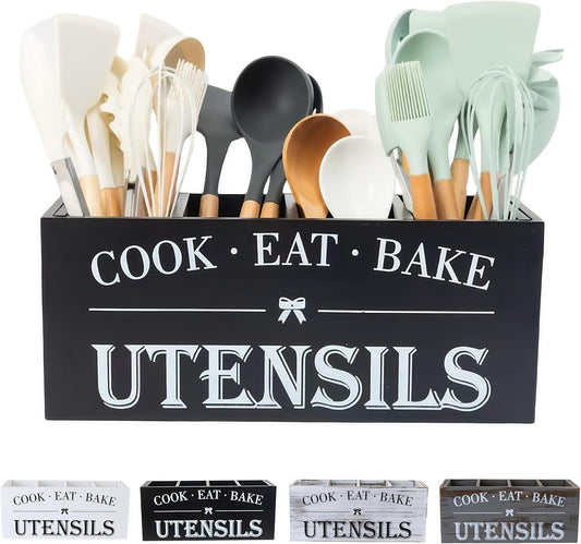 Utensil Holder,Extra Large Wooden Utensil Holder For Kitchen Counter,Cooking Spatula Organizer,Big Storage Caddy With 4 Compartments Flatware Spoon Tool Cutlery