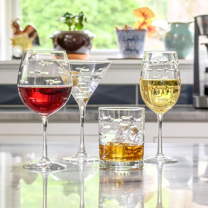 Rolf Glass School of Fish 13 oz Double Old Fashioned Whiskey Cocktail Glass | Set of 2 | Engraved Lead-free Tumbler Glasses | Made in the US