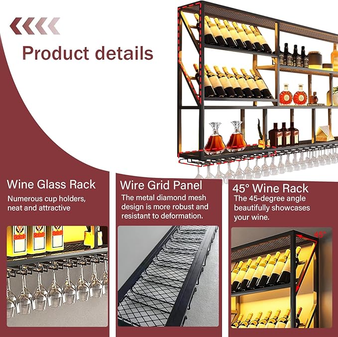 3 Tier Wall Mounted Metal Wine Rack, Modern Industrial Liquor Bottle Display Shelves, Large Bar Shelf with Wine Glass Rack, Black, for Home Kitchen, Dining and Bar (51 in)