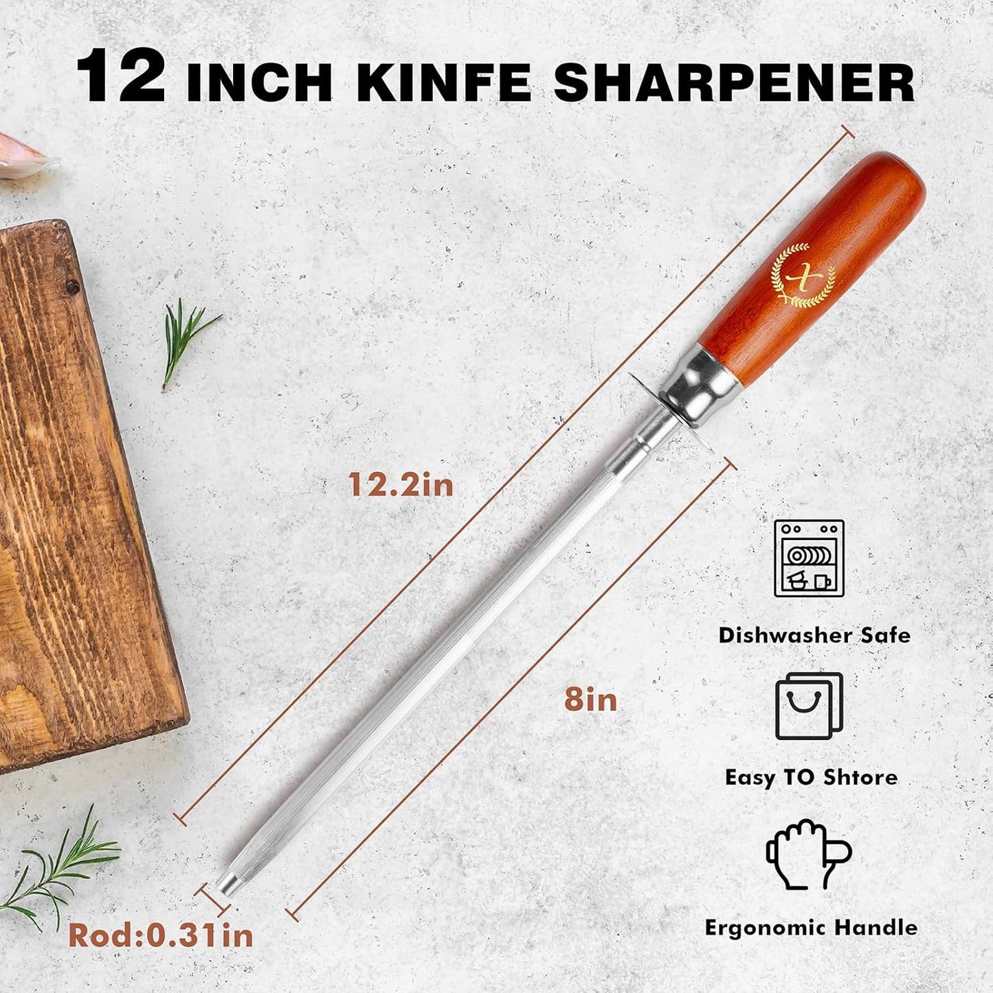 Knife Sharpener Rod, Kitchen Knives Sharpener Carbon Steel Professional Knife Sharpening Steel, Honing Rod with Hanging Holes (13 inches), X