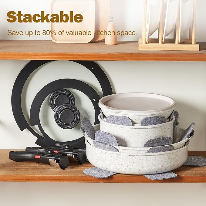 17pcs Pots and Pans Set Non Stick from France, Ceramic Cookware Set with Removable Handle, Induction RV Kitchen Cookware Set, Stackable, PFOA and PFAS Free, Oven Safe