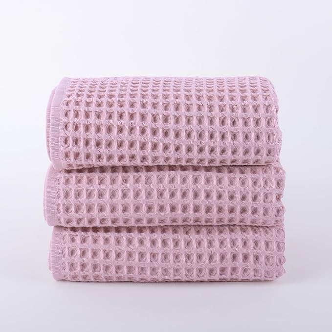 PÜSKÜL Organic Waffle Kitchen Towel 100% Turkish Cotton Set of 3 Pink - Premium Quality, Soft, Quick-Dry, Absorbent, Lint-Free Hand Towels 32X16 Inches (3, Pink Powder)