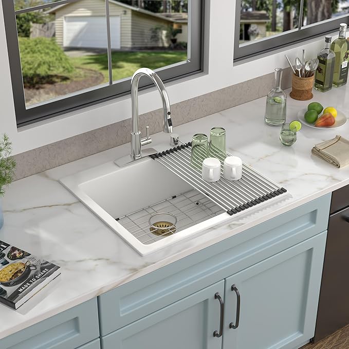 25 Granite Composite Kitchen Sink - Fulorni 25"×22" Granite Kitchen Sink Drop In Topmount White Quartz Classic Above Counter Single Bowl Basin