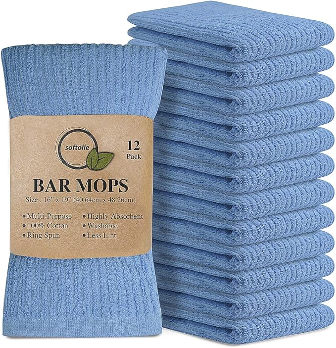 Softolle Bar Mop Towels, Pack of 12-16x19 Inches - 100% Cotton Super Absorbent Towels, Multi-Purpose for Home and Bar Cleaning (Electric Blue)