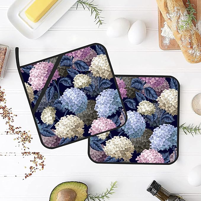 Hydrangeas in Wild Pot Holders Set of 2 Heat Resistant & Non Slip Potholders, Oven Hot Pads for Kitchen Cooking Baking Barbecue