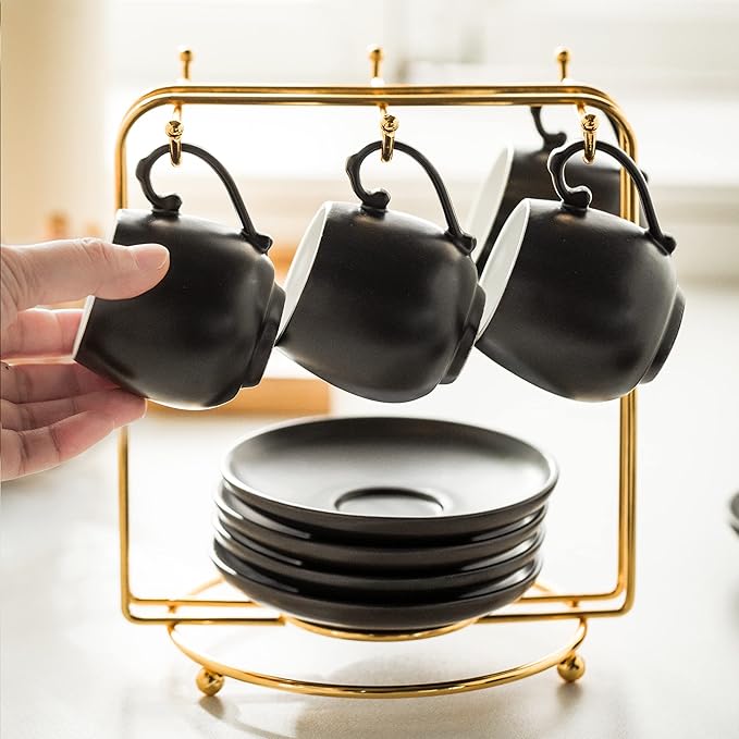 LYEOBOH Espresso Cups and Saucers Set, Ceramic Coffee Cup 3 Ounces Small Demitasse Cups Espresso Mugs with Spoons & Metal Stand for Cappuccino, Latte, Tea, Set of 6, Black