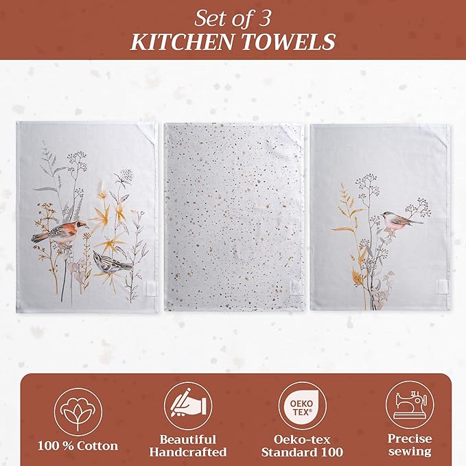 Maison d' Hermine Kitchen Towels Set of 3 100% Cotton 27.50" x 20" Reusable Cloth Tea Dish Towels Absorbent with Hanging Loop for Kitchen, Cocktail Parties Spring/Summer (Meadow Florals - Beige)