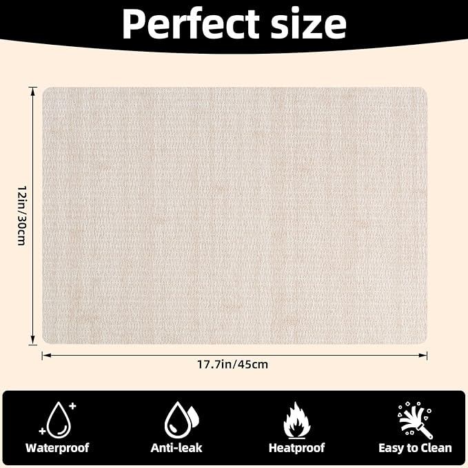 Vinyl Placemats Set of 6-12×17.7 Inch Waterproof & Heattable Placemats, Fall Faux Leather Wipeable Outdoor Table Mat for Dining, Kitchen, Indoor Outdoor Use (Beige, Linen Texture)