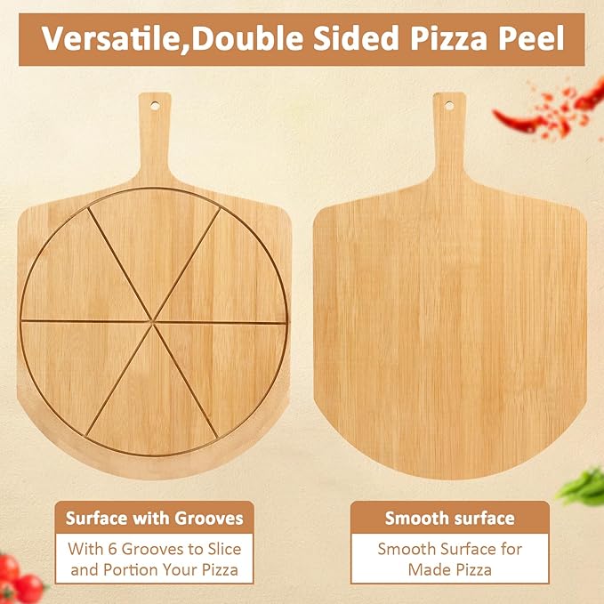 Wood Pizza Peel Rack with Spice Drawer,Includes 4 x 12 Inch Non-Stick Bamboo Pizza Boards with 6 Slice Grooves,Real Wood Pizza Paddle Stand for Making Pizza or Bread Pie