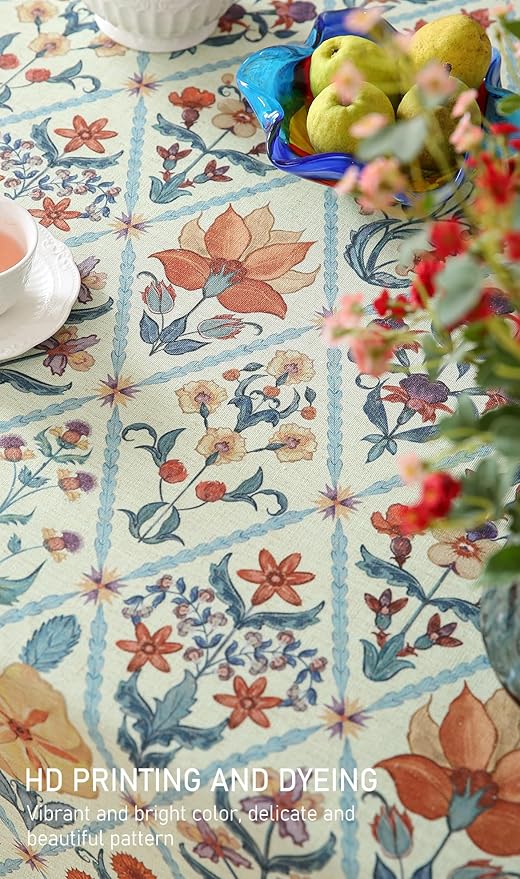 French Tablecloth for Round Tables,Linen Table Cloth with Colorful Flowers and Leaves Pattern,Heavy Durable Table Cover for Dining Thanksgiving Kitchen Decor Party Christmas,55"*55"