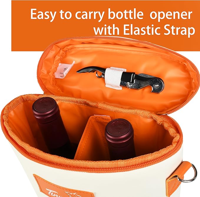 Tirrinia 2 Bottle Wine Gift Tote Carrier - Leakproof & Insulated Padded Versatile Wine Cooler Bag for Travel, BYOB Restaurant, Wine Tasting, Party, Dinner, Gift for Wine Lovers, White Orange