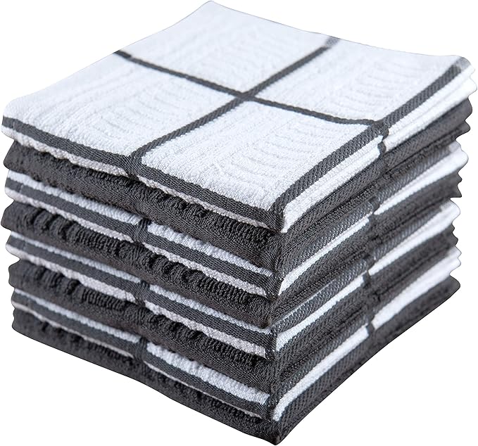 Sticky Toffee Cotton Dishcloths Set of 8 – 12x12 in Gray and White Tea Towels, Reusable and Absorbent Dish Cloths for Cleaning or Drying, Oeko-Tex Cotton