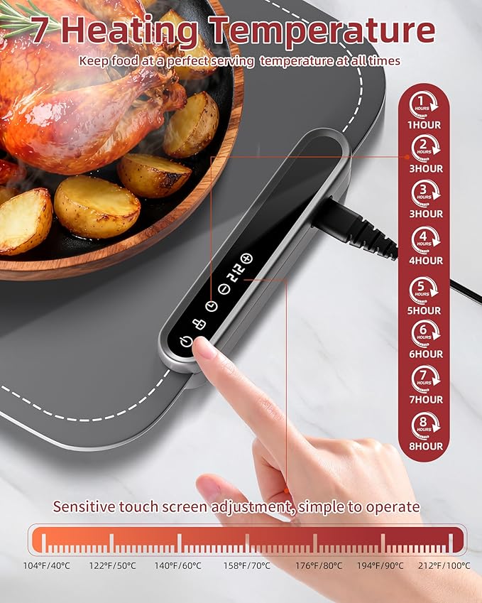 Warming Mat for Food, Upgraded Fast-Heating Electric Warming Tray with 7 Temp Levels & 8 Timers, Buffet Raised Feet & Rollable Silicone Heat Pad, Portable Food Warmer for Home, Party & Travel