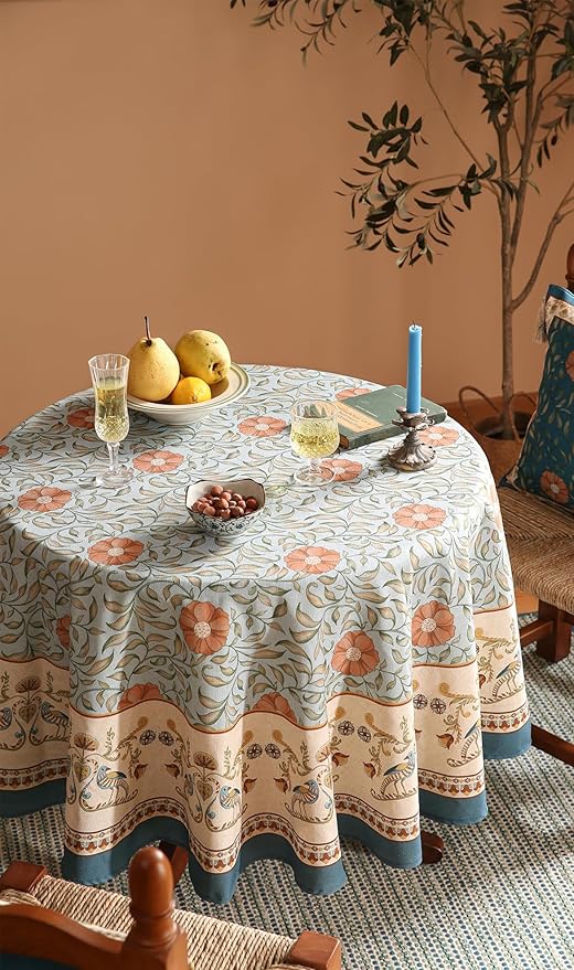 patdrea Designer French Linen Blue Round Table Cloth,Vintage Floral Tablecloth,Colorful Decoration Fall Table Cover Kitchen Dining for Party,Thanksgiving,Christmas,Diameter 67"-Wensel