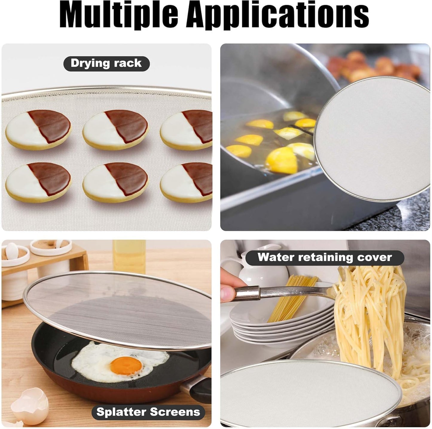 Splatter Screen for Frying Pan, Grease Splatter Guard, Stainless Steel Splatter Guards for Frying with Long Handle, Kitchen Oil Splash Guard Cooking Shield, Fine Mesh Strainer (Black, 12 inch)