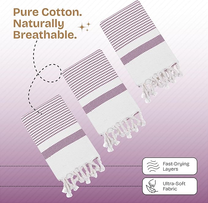 Burgundy Wine Turkish Kitchen Towels 16x26 Inch, 3 Pack, 100% Cotton, Ultra Absorbent, Soft, Fast Dry, Washable, Dish Towel with Tassels for Drying Dishes, Cleaning, Everyday Use