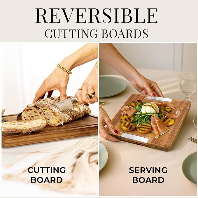Acacia Wood Cutting Board Set with Holder – 4 Piece Wooden Cutting Board Set with Stand – Reversible Charcuterie Tray with Juice Grooves and Silver Handles – Stylish Kitchen Gift