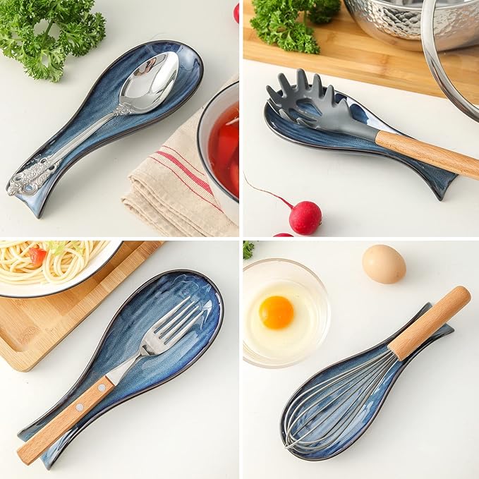 Hasense Ceramic Spoon Rest for Stove Top, Porcelain Spoon Holder for Kitchen Counter Cooking Utensil Home Decor, Navy