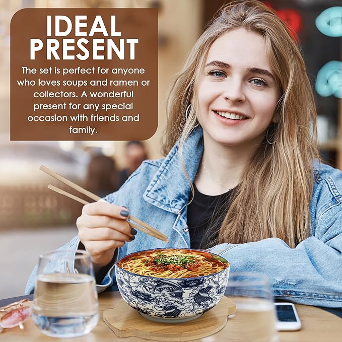 XWORLD Japanese Ceramic Ramen Noodle Bowls Set with Ceramic Spoon, Bamboo Chopsticks, Lid & Trivet, Serving Capacity of 33.8 OZ, Microwavable Oven Safety (3.3” x 6.6” D) (Blue Fish)