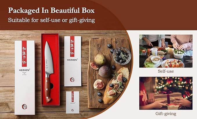 HEZHEN Petty Knife - 5.3” Chef Utility Knife, High Carbon German 1.4116 Stainless Steel Blade, Full Tang, Red Wood Handle, Premium Gift Box,