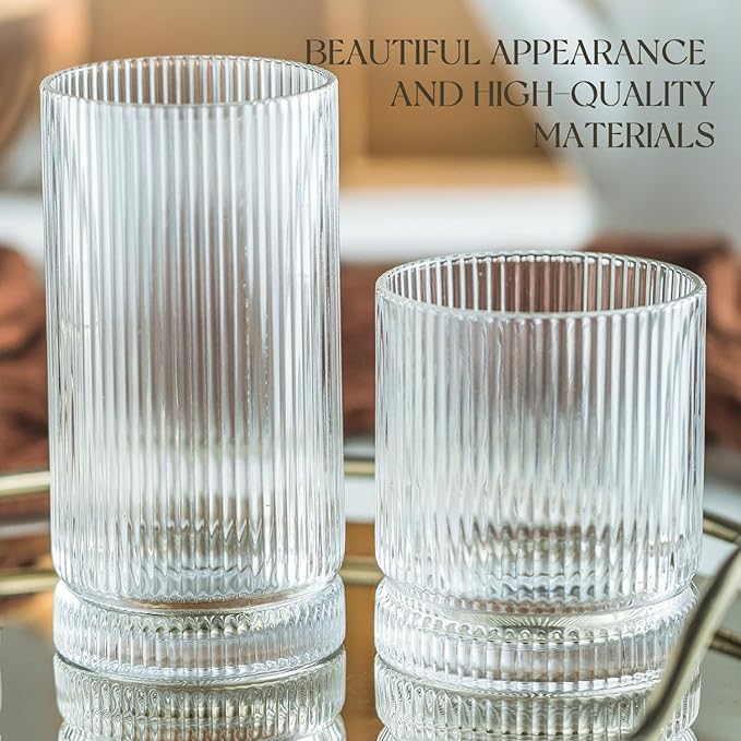 KEMORELA Ribbed Glassware Set of, Origami Style 16 Oz XL Drinking Glasses with Straws, Vintage Glassware Set - Glass Cups, Iced Coffee Cups Perfect for Cocktails, Smoothies, Juice, Beer (8Pcs)
