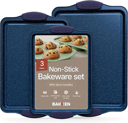 BAKKEN Kitchen Baking Pan Set - Nonstick Coating, Carbon Steel Bakeware Sets with Blue Silicone Handles, Baking Kitchen Essentials, PFOA, PFOS, PTFE Free, Oven Safe Tray (Up To 450° F), Set of 3
