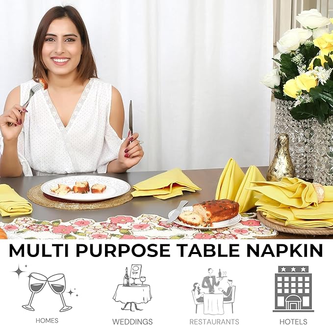 Bedding Craft Cotton Dinner Napkins Set of 12 – 18x18 Sand Yellow with Hemstitched Mitered Corners – Machine Washable Fabric Napkins for Thanksgiving, Weddings & Cocktails