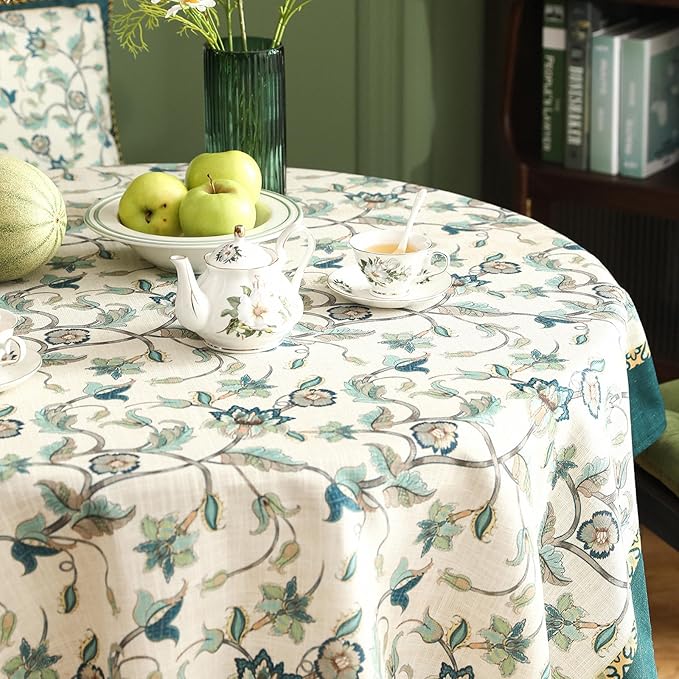 patdrea Designer Floral Linen Table Cloth Durable Breathable Tabletop Cover Dacorative Kitchen Dining Tablecloth for Round Tables for Kitchen Dining Parties,Holiday Christmas,Diameter 55"