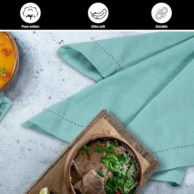 Bedding Craft Cotton Cloth Dinner Napkins Set of 12 – 18x18 Aqua with Hemstitched Mitered Corners – Reusable Machine Washable Napkins for Weddings, Parties & Table Decorations