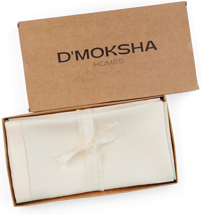D'Moksha Homes Ivory Linen Napkins Set of 4 - Classic Hemstitch 100% Pure Linen Hemstitch Dinner Napkins 20 x 20 Inch for Fall, Thanksgiving, Christmas, Holiday - Handcrafted and Machine Washable