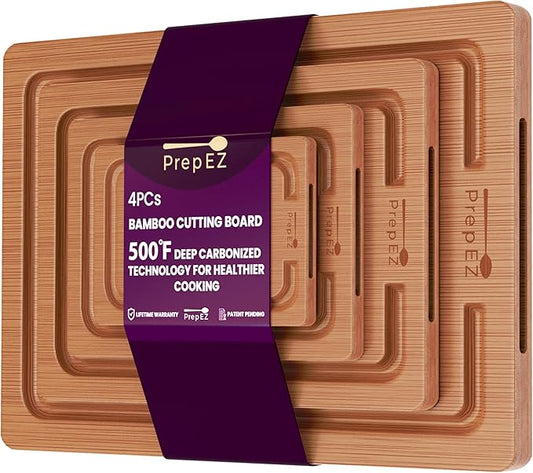 Heavy-Duty Cutting Boards for Kitchen – (Pack of 4) Wood Cutting Board Set – Bamboo Cutting Board Set with Deep Juice Grooves – Ideal for Chopping Meat, Vegetables & Fruits, etc.