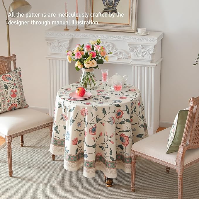 French Tablecloth for Round Tables,Linen Table Cloth with Pink Flowers and Leavs Pattern,Heavy Durable Table Cover for Dining Thanksgiving Kitchen Decor Party Christmas,Diameter 67"