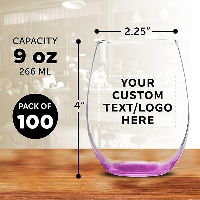Custom Stemless Wine Glass 9 oz. Set of 100, Personalized Bulk Pack - Great for Wedding Favors, Bachelorette Party Decorations, Party Favors, Color Bottom - Pink