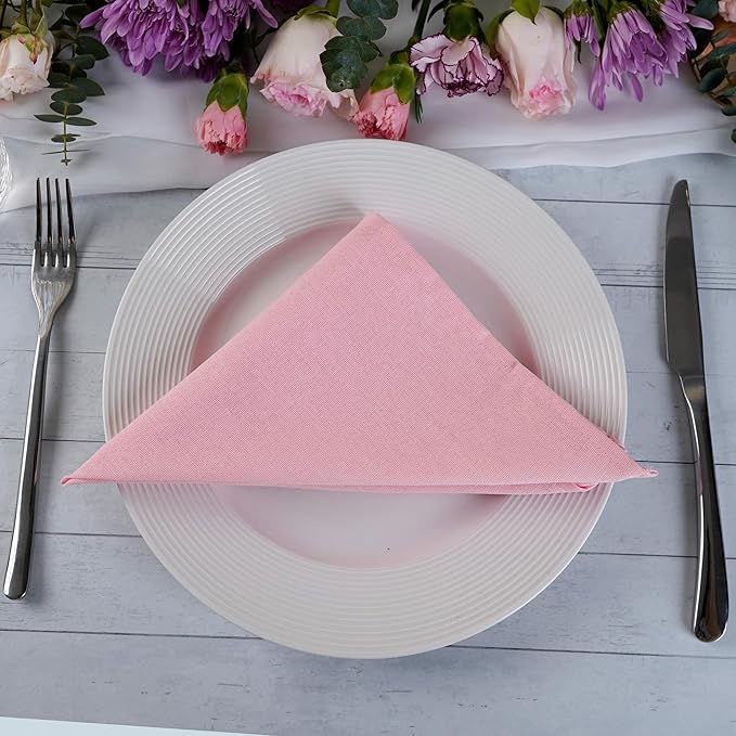 Pink Polyester Linen Blended Thin Dinner Cloth Napkins - Set of 12 (40 x 40 cm) - for Wedding Parties Events & Home Use (Pink)