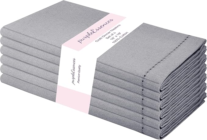 PurpleEssences Set of 6 Hemstitch Cloth Dinner Napkins 100% Cotton - Soft Durable Washable - Ideal for Wedding Christmas Holiday Winter - Perfect Everyday Use Table Linen 18x18 - Ash Grey