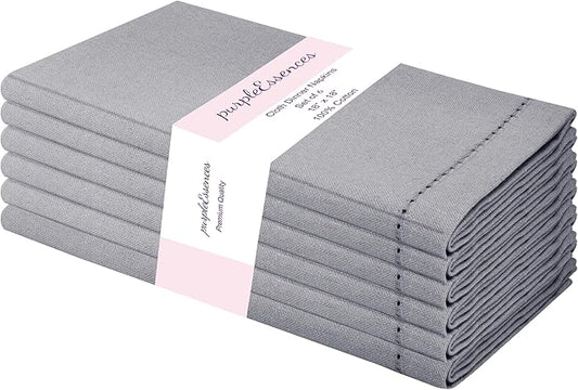 PurpleEssences Set of 6 Hemstitch Cloth Dinner Napkins 100% Cotton - Soft Durable Washable - Ideal for Wedding Christmas Holiday Winter - Perfect Everyday Use Table Linen 18x18 - Ash Grey
