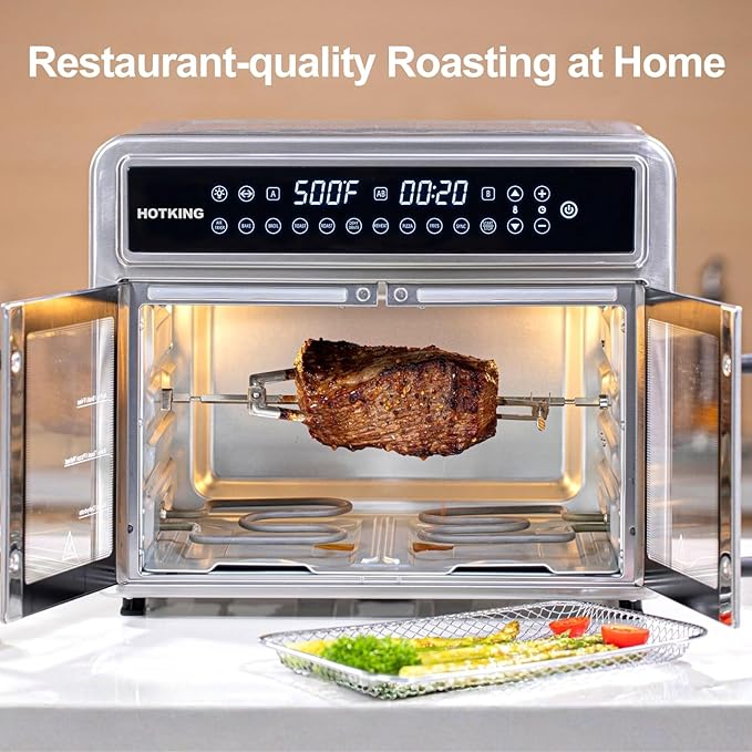 HotKing Dual-Zone Air Fryer Toaster Oven Combo, 28 QT Extra Large, Non Toxic Stainless Steel Convection Oven with French Door, Countertop Airfryer with Window, Racks, Rotisserie, Dehydrator, ETL Rated