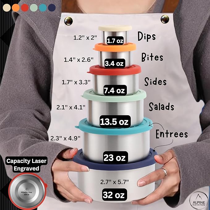 12 Pcs - 6 Stainless Steel Containers + 6 Silicone Lids | 304 Stainless Steel Snack Container | Nesting Snack and Dip Containers | Metal Food Storage