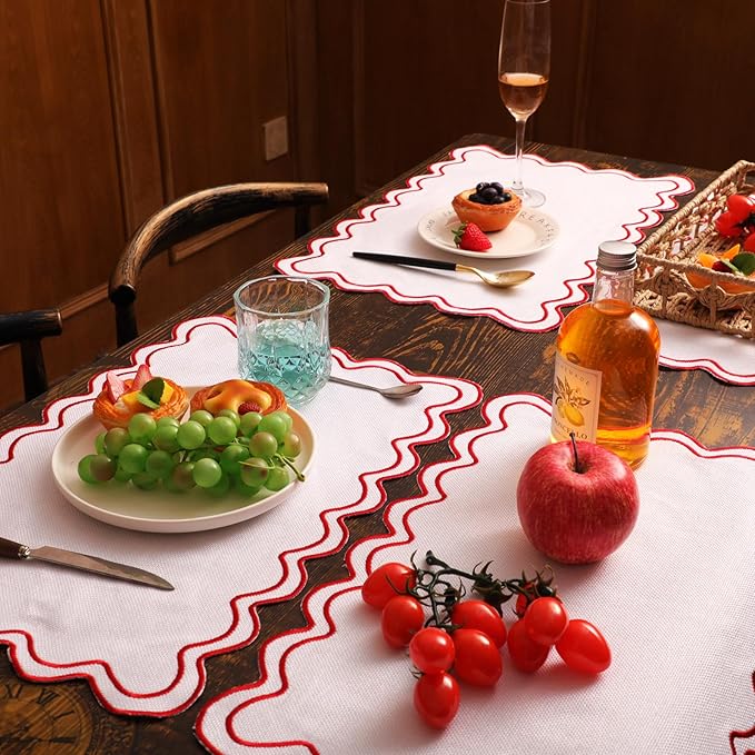 12 Set Linen Placemat 13x19 Wavy Embroidery Scalloped Placemat Double Layered Washable Farmhouse Dinner Table Mat Fabric Napkin for Christmas Hotel Restaurant Wedding Party(White&red)