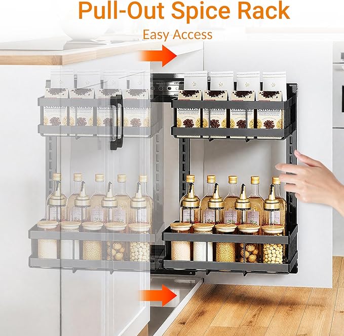 Pull Out Spice Rack Organizer 2 Tier Sliding Cabinet Interior Metal Spice Drawer Adjustable & Removable, Holds Up to 20 Jars for Kitchen, Pantry, Cafe