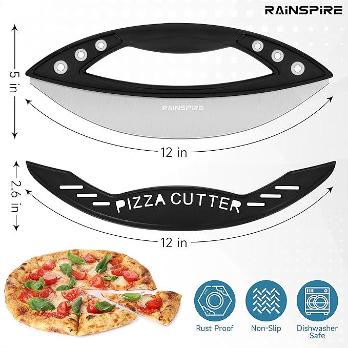Rainspire 12" Pizza Cutter Rocker Blade Stainless Steel Pizza Rocker with Cover Sharp Blade Pizza Knife Dishwasher Safe Kitchen Gadgets Home Essentials, Black