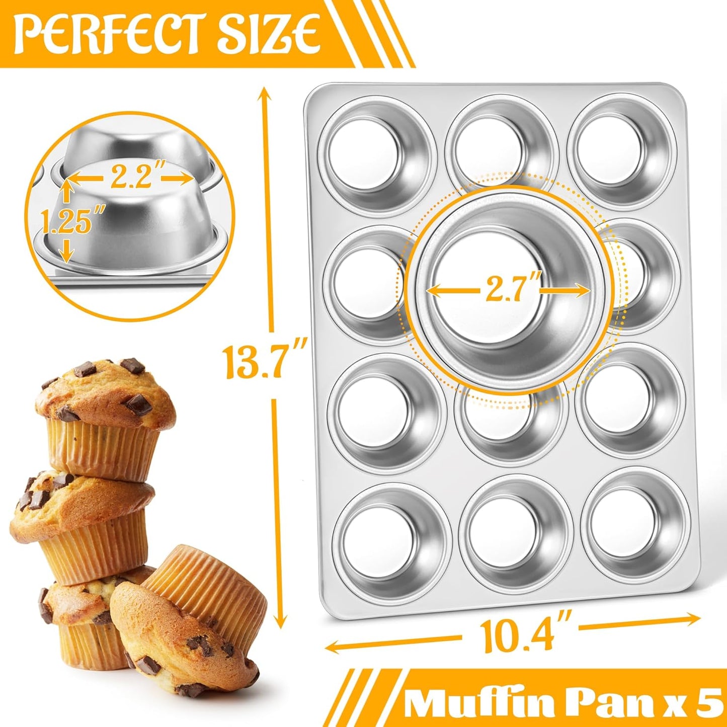 E-far Stainless Steel Muffin Pan Set of 5, 12 Cups Cupcake Pans Tins for Baking, Non-Toxic Metal Muffin Tray Molds for Small Mini Cupcake, Heavy Duty & Regular Size, Rust Free & Dishwasher Safe