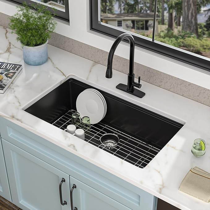 30 Granite Composite Kitchen Sink - Fulorni 30"x20" Granite Black Kitchen Sink Undermount Ledge Workstation Matte Black Quartz Composite Under Counter Single Bowl Sink Basin