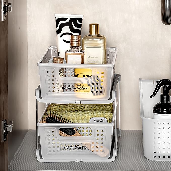 madesmart 2-Tier Organizer, Multi-Purpose Slide-Out Storage with Handles and Dividers for Home and Bath, BPA Free, Frost