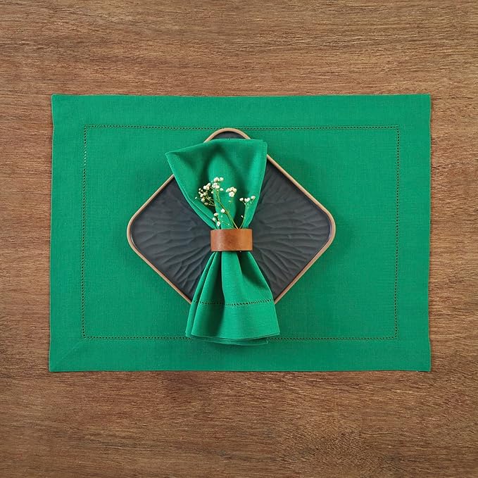 Solino Home Linen Cloth Placemats Set of 4-100% Pure Linen Hemstitch Emerald Green Placemats 14 x 19 Inch - Classic Hemstitch Table Place Mats for Christmas