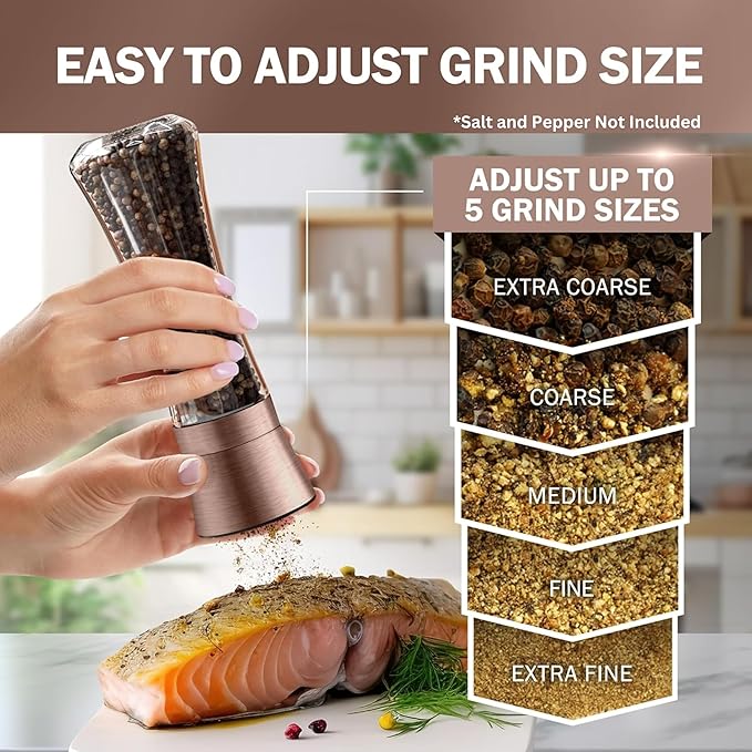 Home EC Original Copper Salt and Pepper Grinder Set of 2 - Adjustable Ceramic Grinder - Tall Glass Salt and Pepper Shakers With Funnel and Ebook - Kitchen Spice Mill - Copper Kitchen Accessories