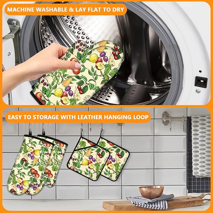 Fruit Oven Mitts and Pot Holders Sets 4Pcs,Extra Long Oven Gloves Potholder for Kitchen Cooking Baking BBQ 100% Cotton Heat Resistant