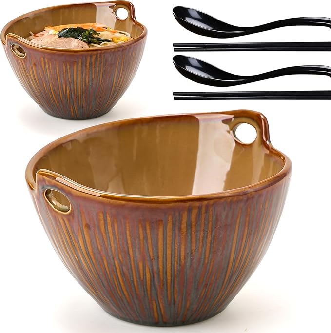 Ramen Bowl with Chopsticks and Spoons Set, 7 Inch Ceramic Noodle Bowl Set of 2, Dishwasher Safe for Pho Udon Soba Noodle Salad Pasta, Special Reactive Glazed Brown Bowls Set