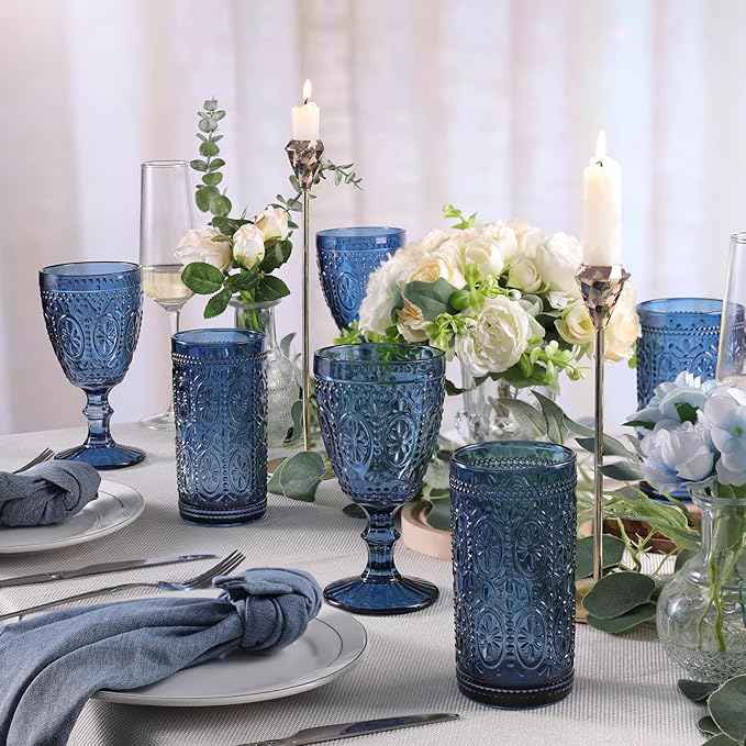 Blue Wine Glasses set of 4, Blue Goblets, Vintage Drinking Glassware, Colored Glassware Set for Party Home Wedding Baby Shower