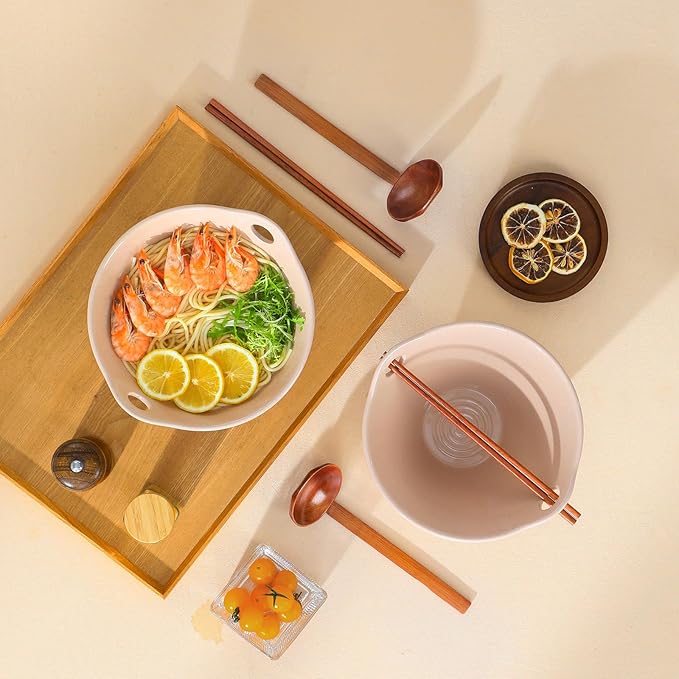 MALACASA 42 oz Ceramic Ramen Bowl Set with Wooden Spoon & Chopsticks, Japanese Style Soup Bowls for Ramen, Pho, Noodles – Set of 2, Microwave & Dishwasher Safe, Series TARA (Pink and Khaki)